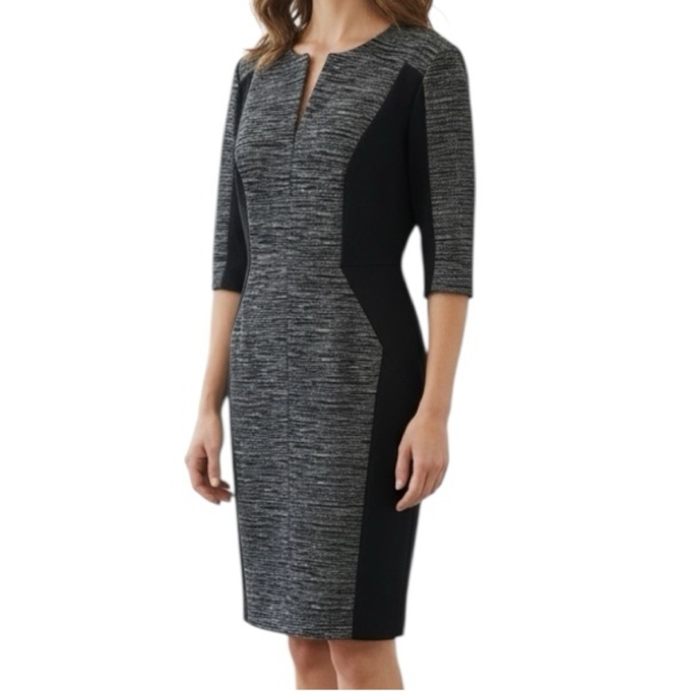 CLASSIQUES ENTIER Dress Wool Blend Black Gray Size 14 Lined 3/4 Sleeve V-neck